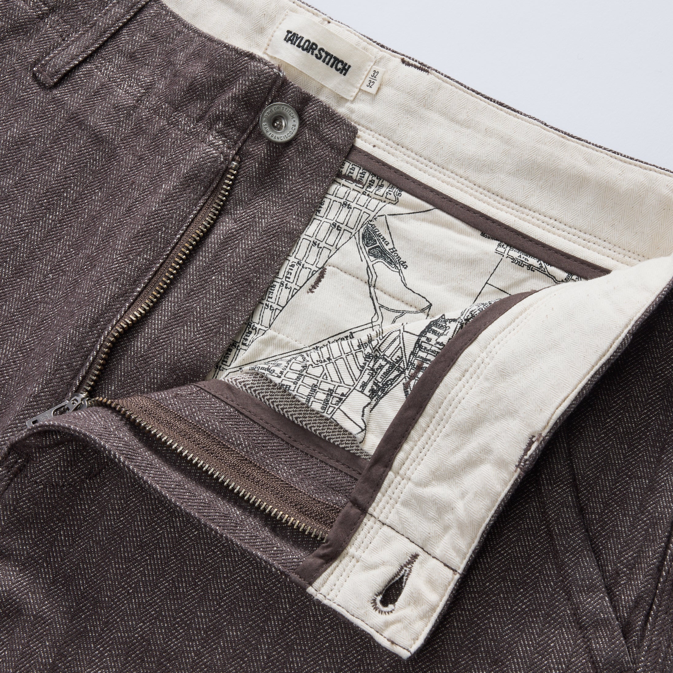 material shot of the zipper on The Morse Pant in Soil Herringbone, Bottoms by Taylor Stitch