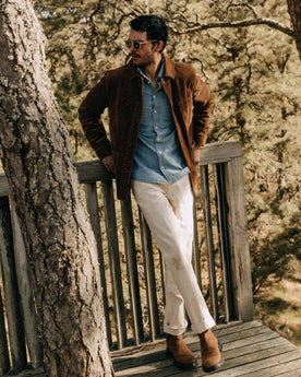 fit model posing in The Ojai Jacket in Bourbon Corduroy, Outerwear by Taylor Stitch