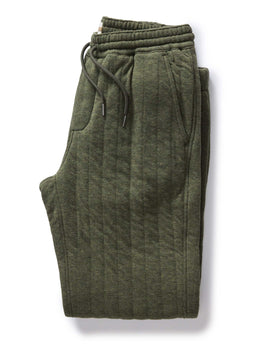 folded flatlay of The Quilted Apres Pant in Heather Fatigue Olive Jersey, Bottoms by Taylor Stitch