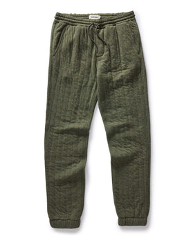 flatlay of The Quilted Apres Pant in Heather Fatigue Olive Jersey, Bottoms by Taylor Stitch