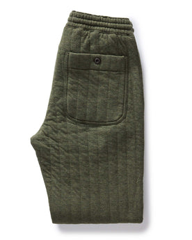 flatlay of the back of The Quilted Apres Pant in Heather Fatigue Olive Jersey, Bottoms by Taylor Stitch