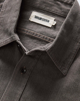 material shot of the collar on The Utility Shirt in Soil Selvedge Denim, Wovens by Taylor Stitch