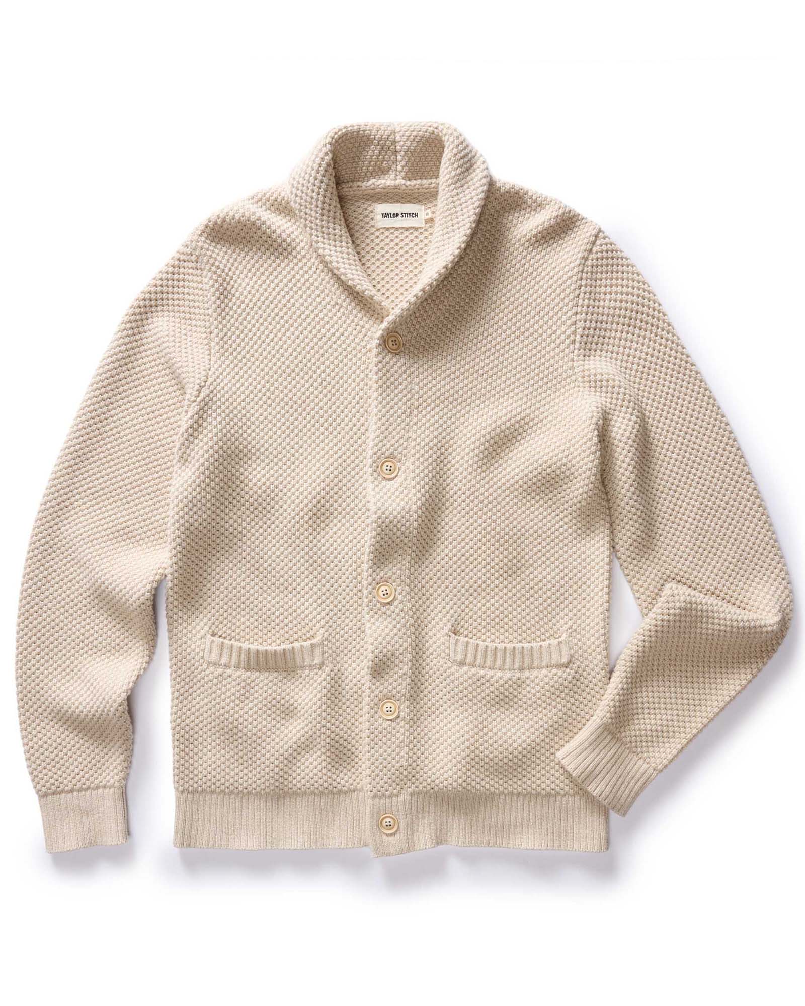 flatlay of The Crawford Cardigan Sweater in Marled Natural, Knits by Taylor Stitch