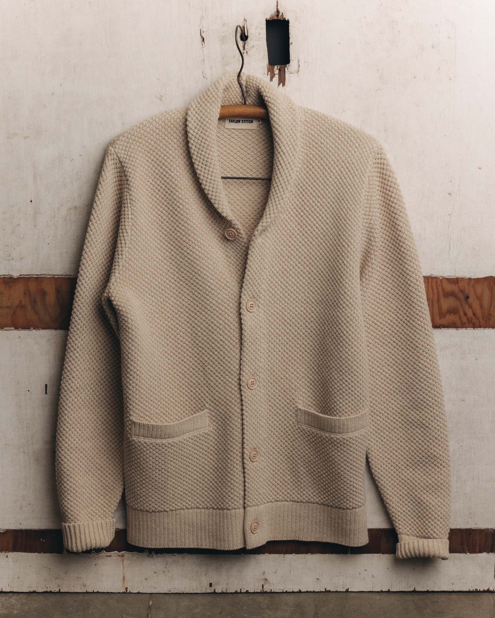 fit model wearing The Crawford Cardigan Sweater in Marled Natural, Knits by Taylor Stitch