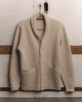 fit model wearing The Crawford Cardigan Sweater in Marled Natural, Knits by Taylor Stitch