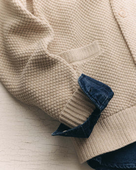 fit model showing the seed stitch on The Crawford Sweater in Marled Natural, Knits by Taylor Stitch