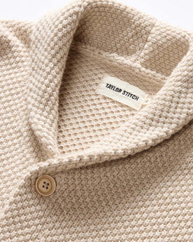 fit model showing the shawl collar on The Crawford Sweater in Marled Natural, Knits by Taylor Stitch