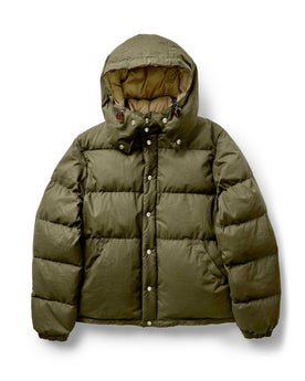 flatlay of The Down Sweater in Olive Waxed Ripstop, Outerwear by Taylor Stitch