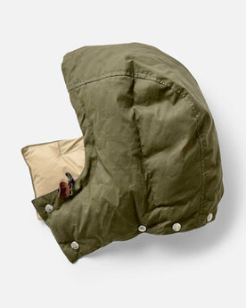material shot of the detachable hood on The Down Sweater in Olive Waxed Ripstop, Outerwear by Taylor Stitch