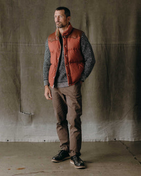 fit model showing off The Down Vest in Brick Red Waxed Ripstop, Outerwear by Taylor Stitch