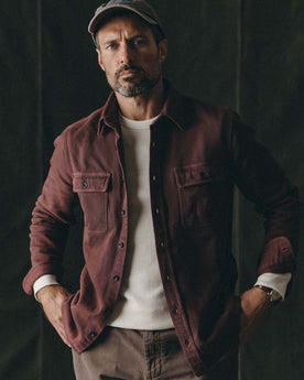 fit model posing in The Ledge Shirt in Dried Cherry Twill, Wovens by Taylor Stitch