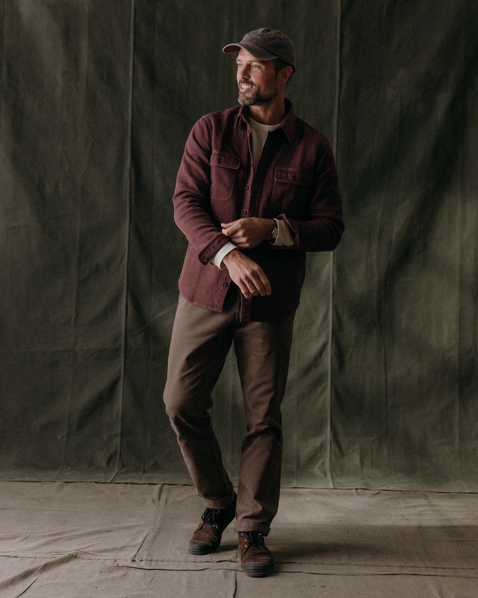 fit model wearing The Ledge Shirt in Dried Cherry Twill, Wovens by Taylor Stitch