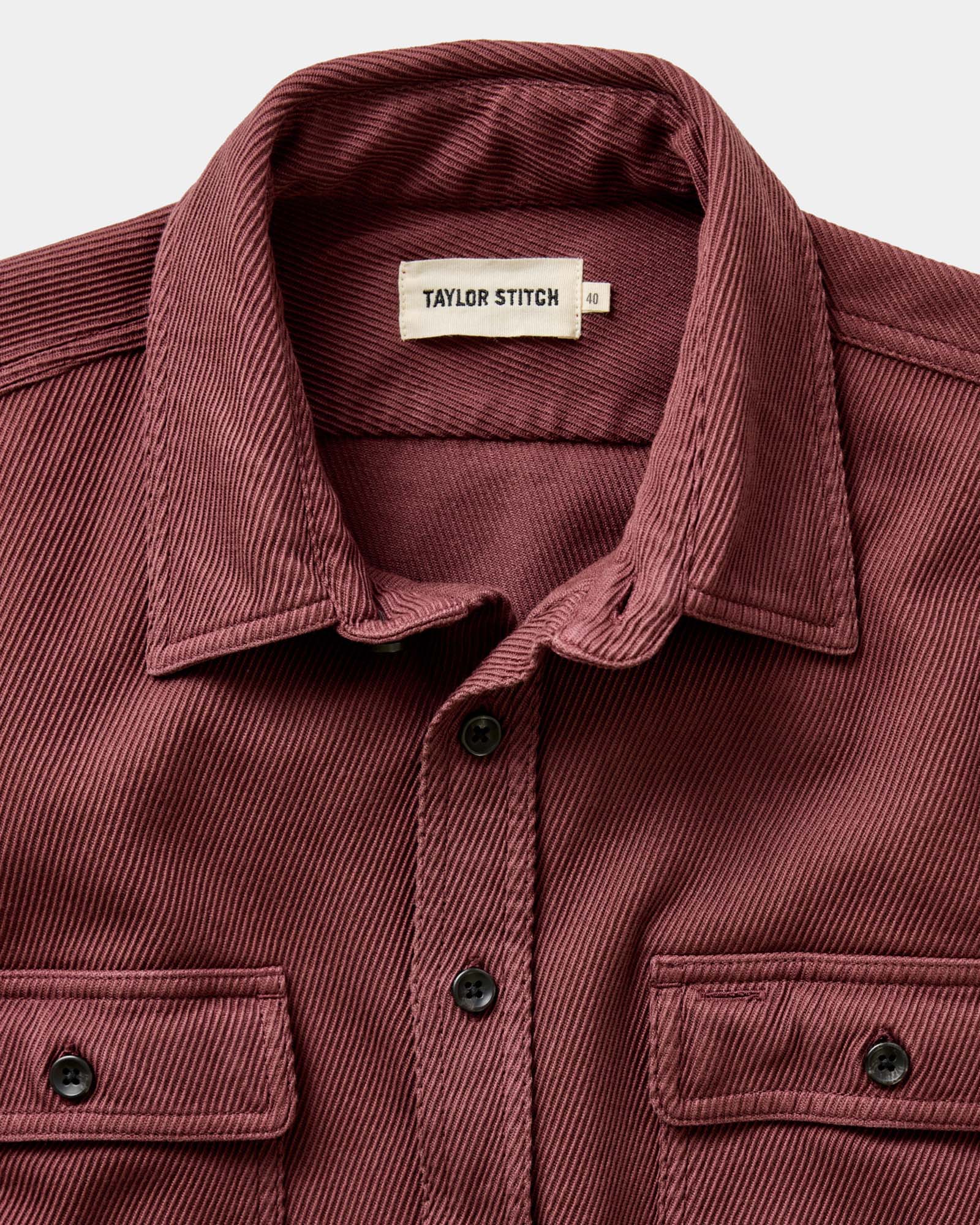 material shot of the collar on The Ledge Shirt in Dried Cherry Twill, Wovens by Taylor Stitch
