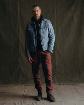 fit model showing off The Apres Pant in Burgundy Double Cloth, Bottoms by Taylor Stitch