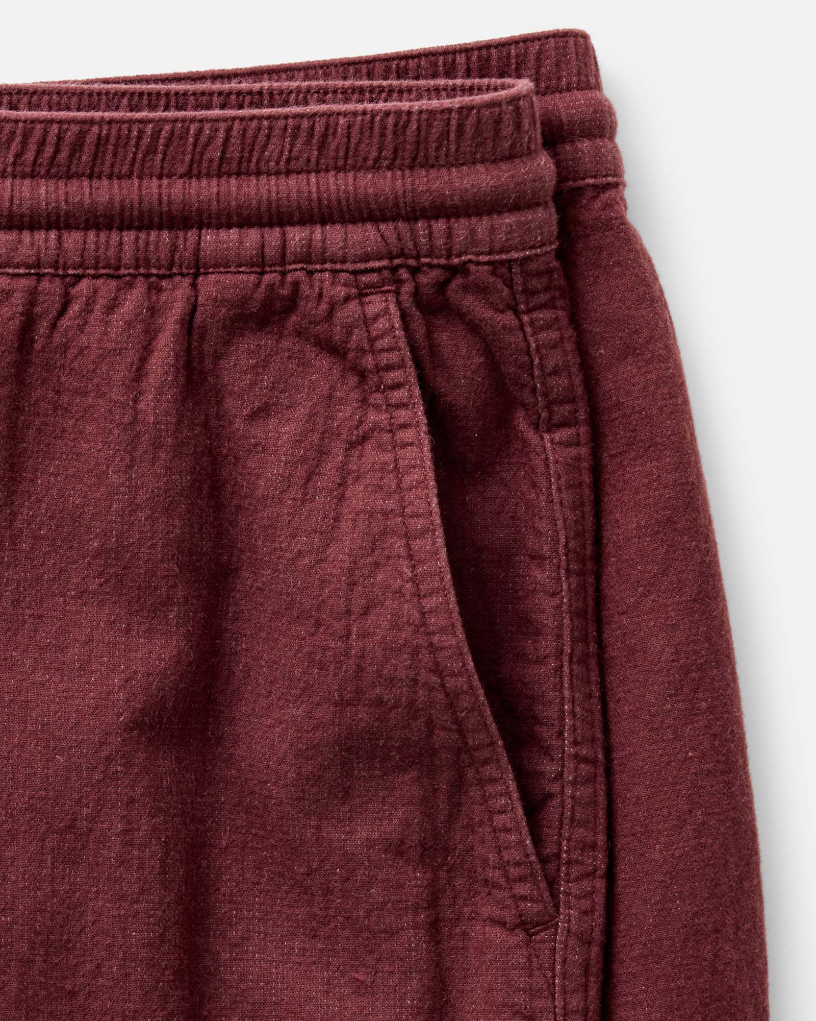 material shot of the pockets on The Apres Pant in Burgundy Double Cloth, Bottoms by Taylor Stitch