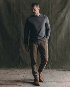 fit model walking wearing The Apres Pant in Cypress Sashiko, Bottoms by Taylor Stitch