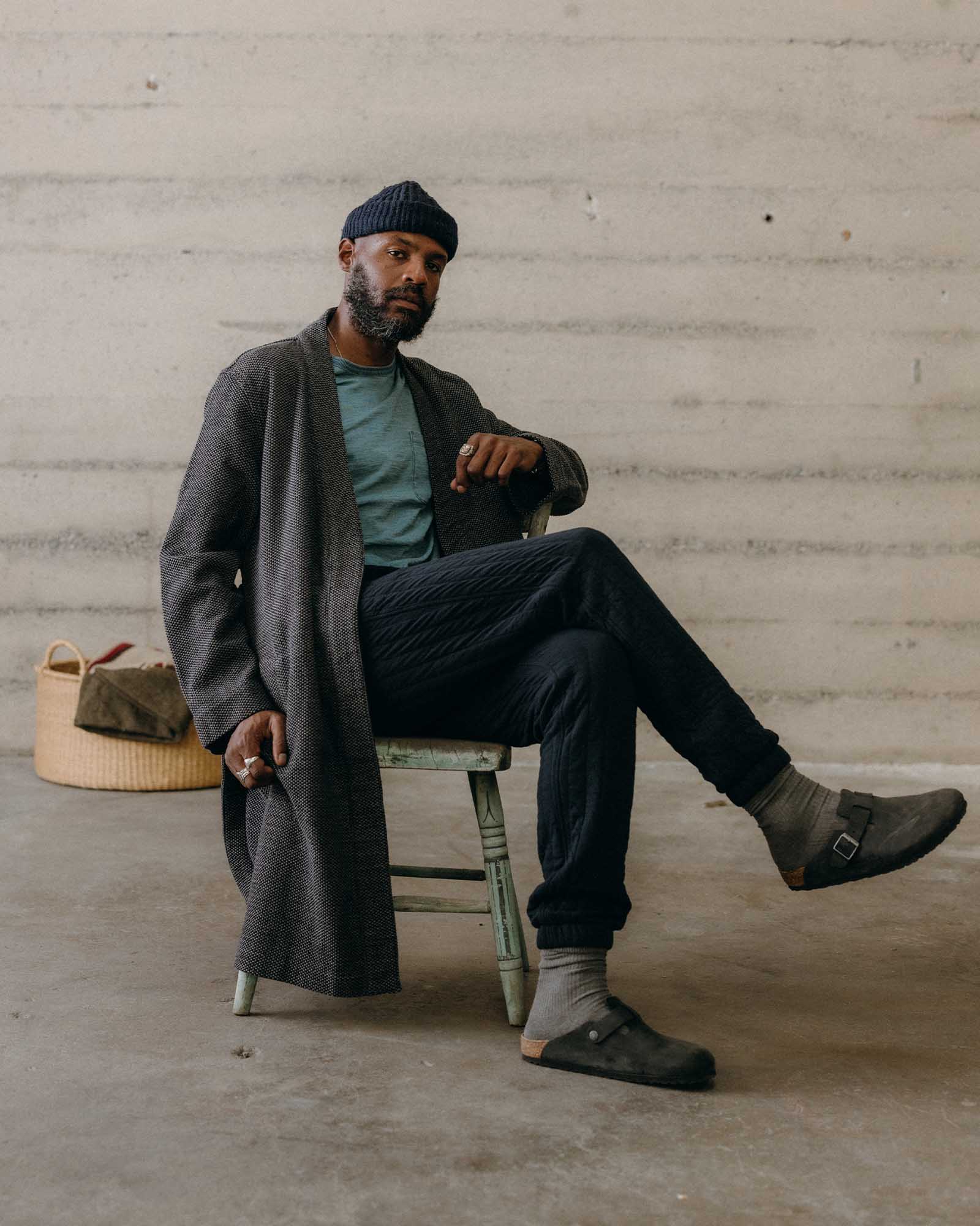 fit model sitting wearing The Apres Robe in Charcoal Sashiko, Accessories by Taylor Stitch