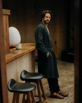 fit model leaning against the wall wearing The Apres Robe in Navy Sashiko, Accessories by Taylor Stitch