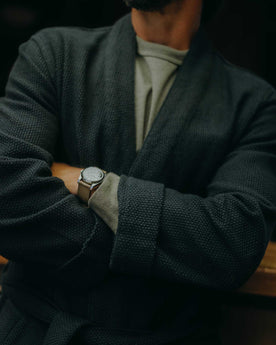 fit model with his arms crossed wearing The Apres Robe in Navy Sashiko, Accessories by Taylor Stitch
