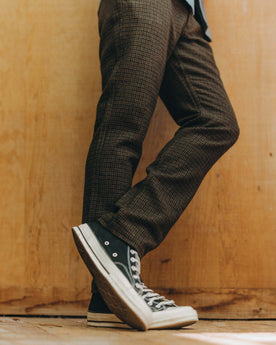 fit model posing in The Carmel Pant in Timber Guncheck Italian Wool, Bottoms by Taylor Stitch