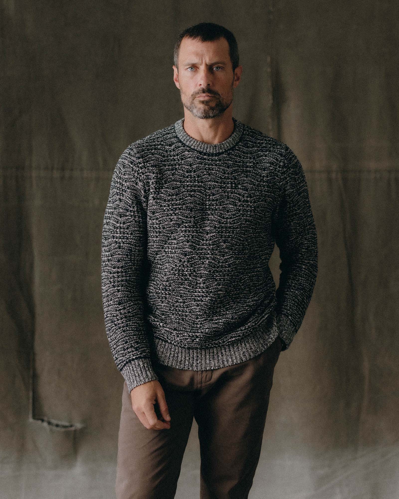 fit model with his hand in his pocket wearing The Chatham Crew in Marine Stripe Jacquard, Knits by Taylor Stitch