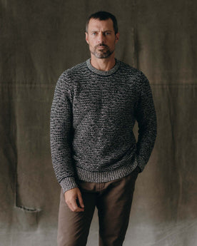 fit model with his hand in his pocket wearing The Chatham Crew in Marine Stripe Jacquard, Knits by Taylor Stitch