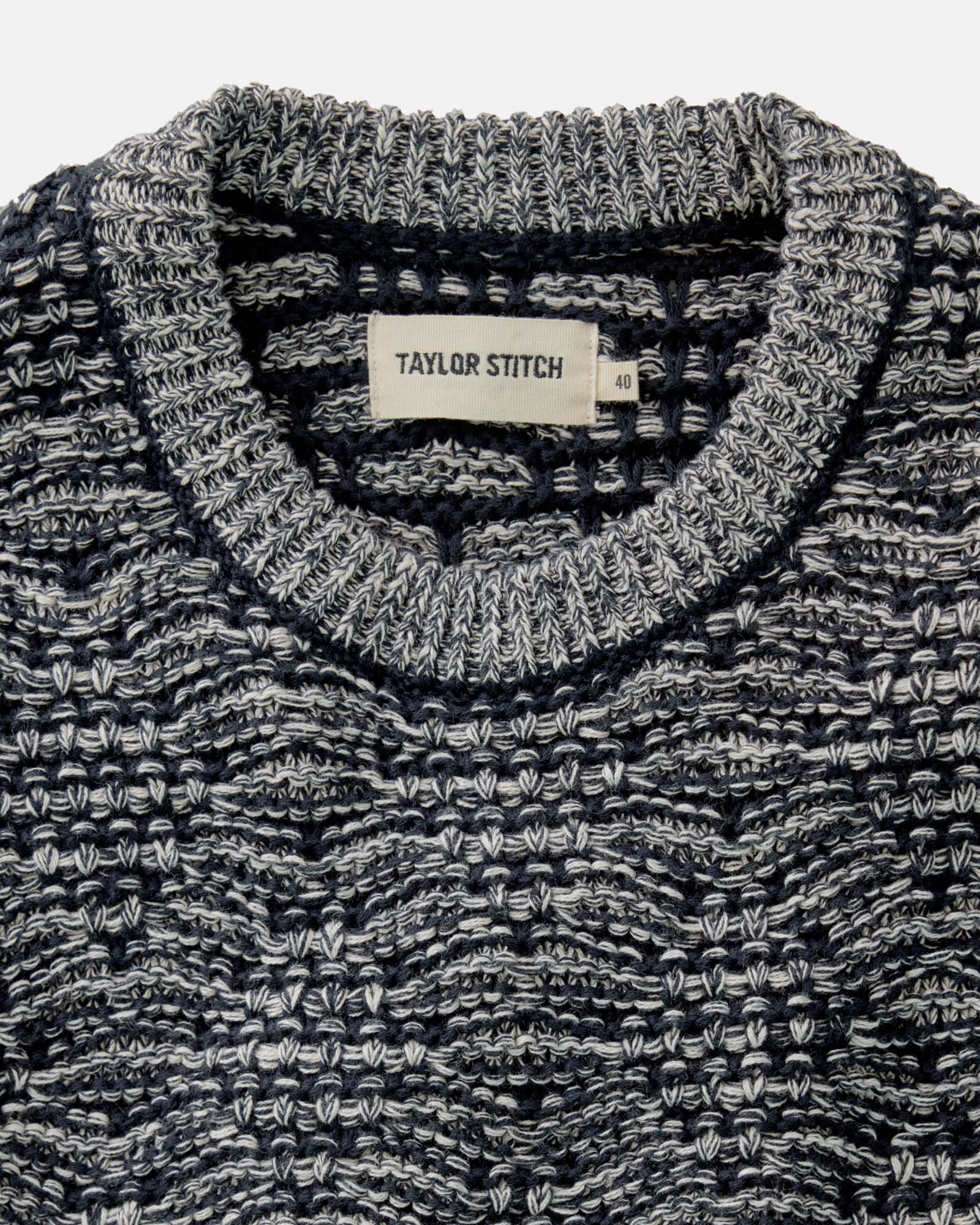 material shot of the collar on The Chatham Crew in Marine Stripe Jacquard, Knits by Taylor Stitch