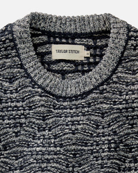 material shot of the collar on The Chatham Crew in Marine Stripe Jacquard, Knits by Taylor Stitch