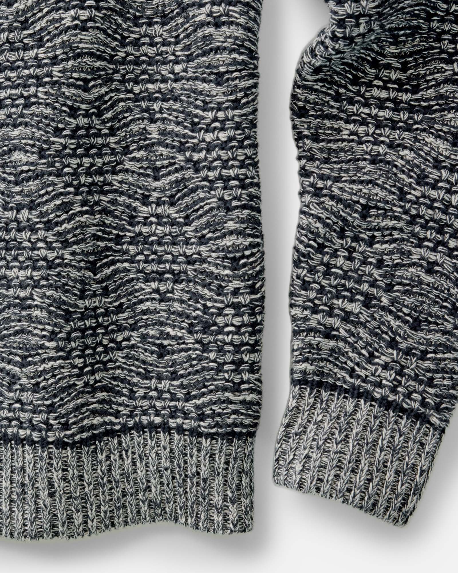 material shot of the sleeve on The Chatham Crew in Marine Stripe Jacquard, Knits by Taylor Stitch