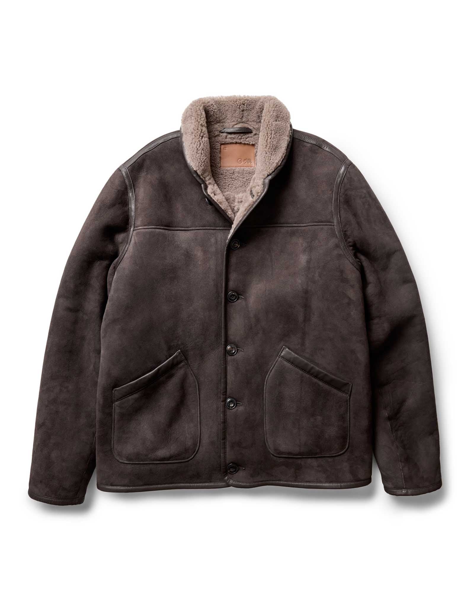 flatlay of The Coleman Jacket in Dark Chocolate Shearling Suede, Outerwear by Taylor Stitch