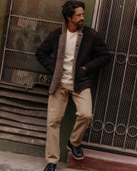 fit model leaning against the wall wearing The Coleman Jacket in Dark Chocolate Shearling Suede, Outerwear by Taylor Stitch