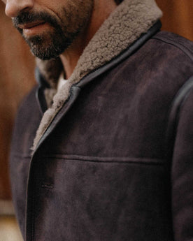 fit model showing off the collar on The Coleman Jacket in Dark Chocolate Shearling Suede, Outerwear by Taylor Stitch