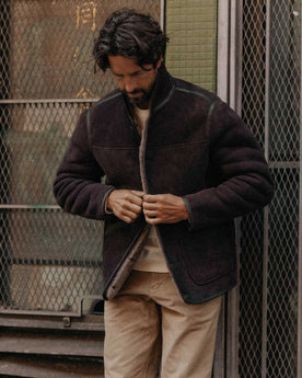 fit model buttoning up The Coleman Jacket in Dark Chocolate Shearling Suede, Outerwear by Taylor Stitch