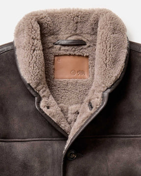 material shot of the collar on The Coleman Jacket in Dark Chocolate Shearling Suede, Outerwear by Taylor Stitch