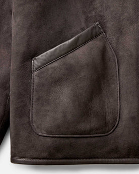 material shot of the pocket on The Coleman Jacket in Dark Chocolate Shearling Suede, Outerwear by Taylor Stitch