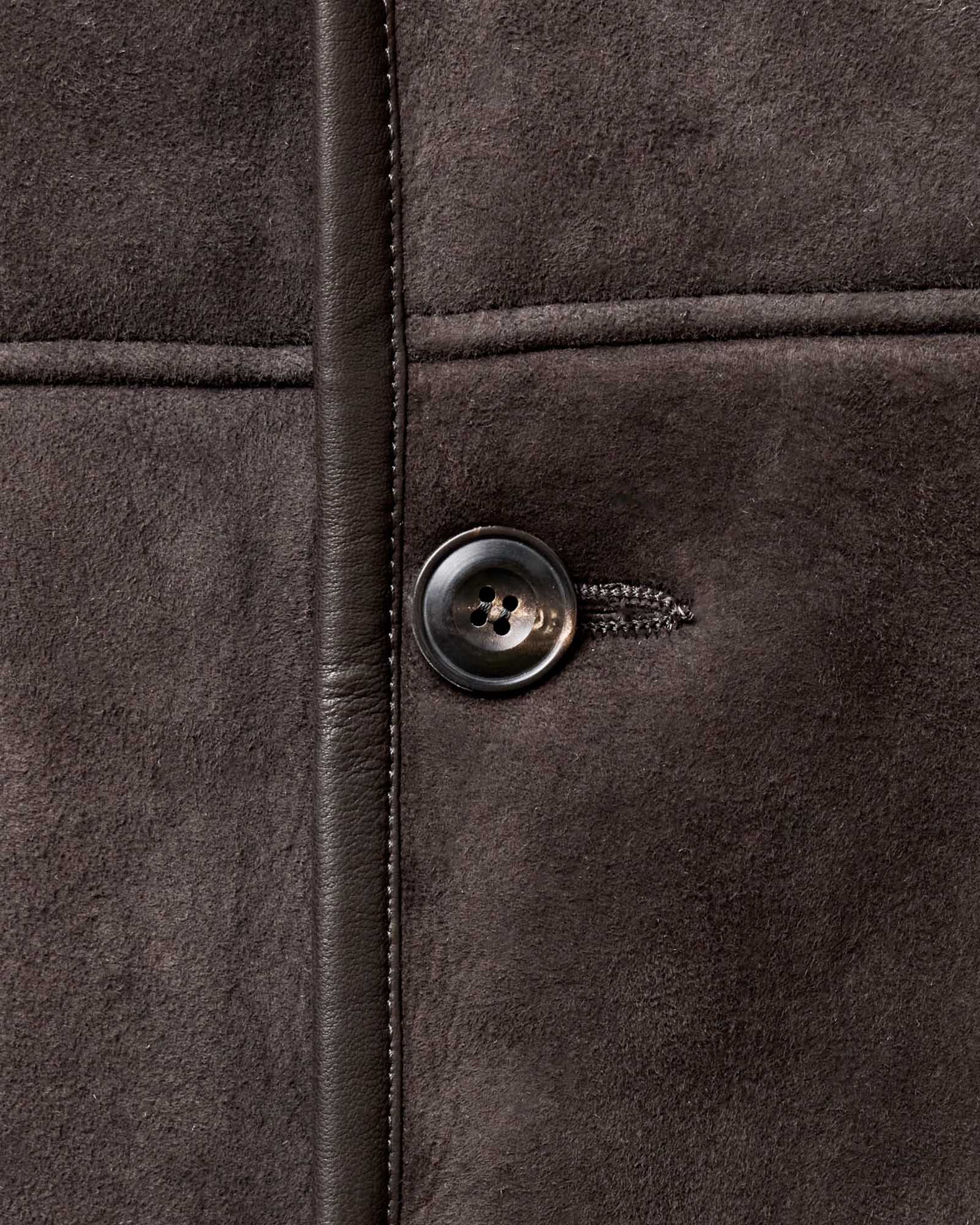 material shot of the button on The Coleman Jacket in Dark Chocolate Shearling Suede, Outerwear by Taylor Stitch