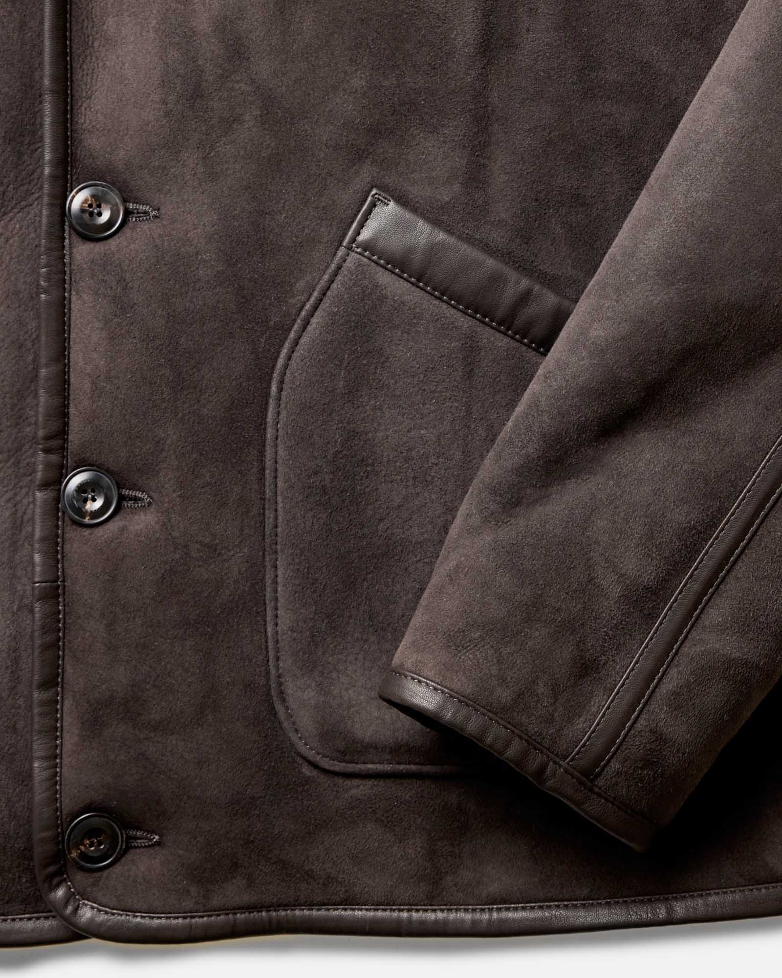 material shot of the sleeve on The Coleman Jacket in Dark Chocolate Shearling Suede, Outerwear by Taylor Stitch