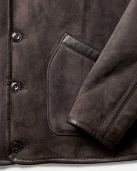 material shot of the sleeve on The Coleman Jacket in Dark Chocolate Shearling Suede, Outerwear by Taylor Stitch