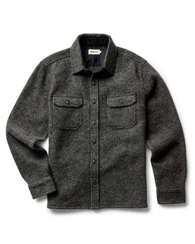 flatlay of The Connor Overshirt in Heather Olive Boucle, Wovens by Taylor Stitch