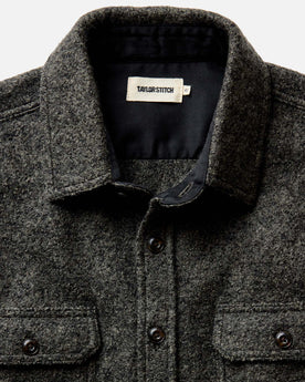 material shot of the collar on The Connor Overshirt in Heather Olive Boucle, Wovens by Taylor Stitch