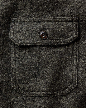 material shot of the pockets on The Connor Overshirt in Heather Olive Boucle, Wovens by Taylor Stitch
