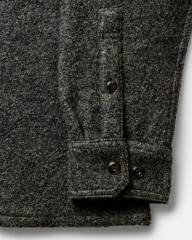 material shot of the sleeves on The Connor Overshirt in Heather Olive Boucle, Wovens by Taylor Stitch