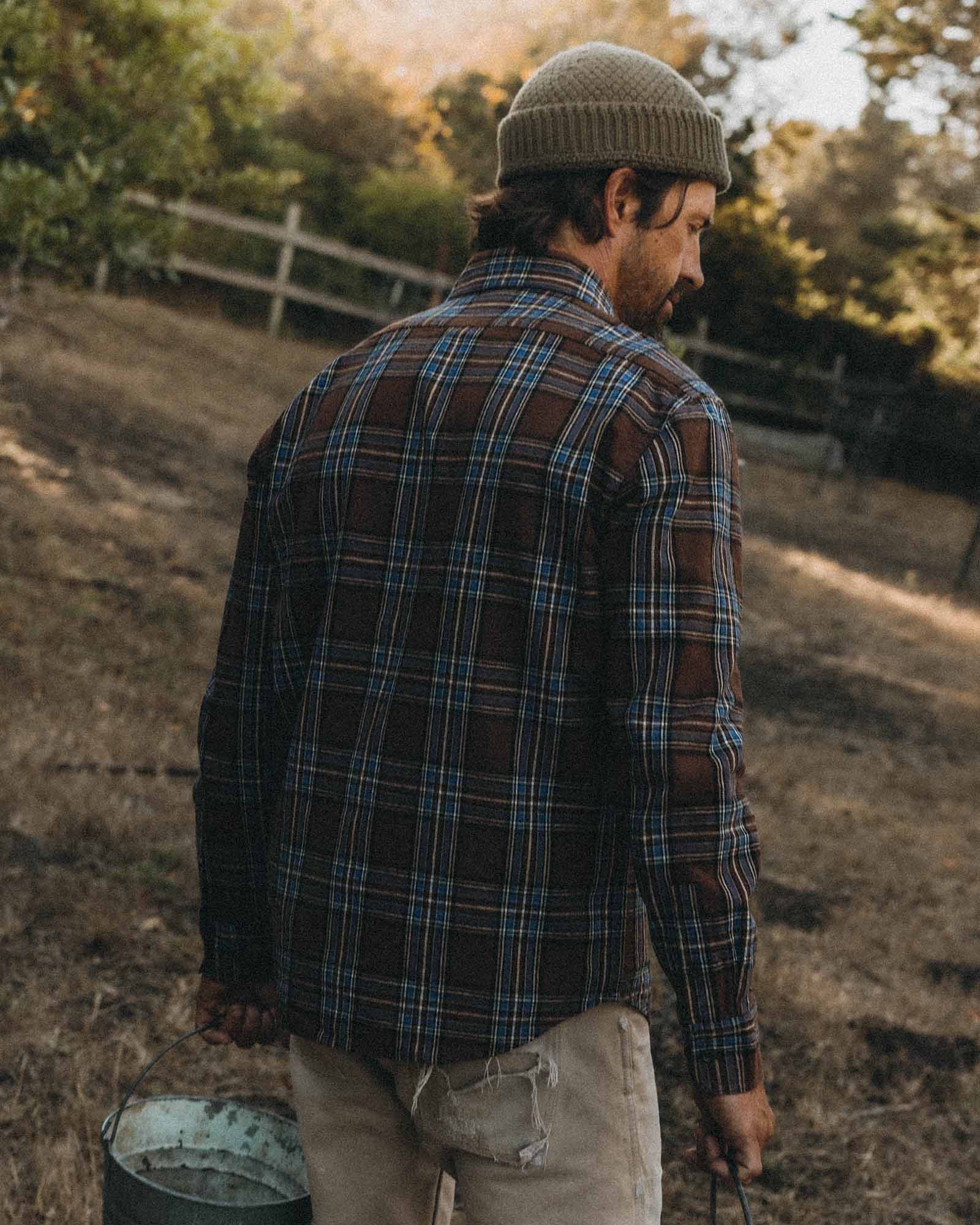 fit model showing off The Craftsman Shirt in Brick Plaid, Wovens by Taylor Stitch