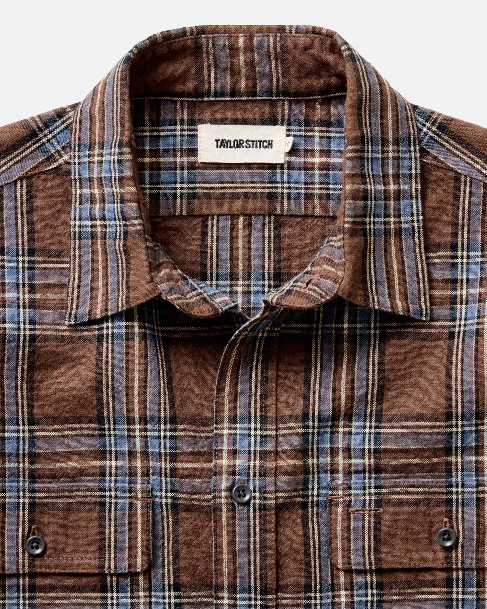 material shot of the collar on The Craftsman Shirt in Brick Plaid, Wovens by Taylor Stitch
