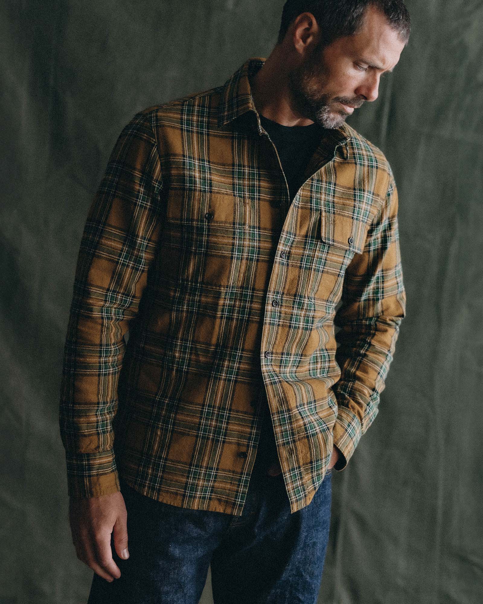 fit model posing in The Craftsman Shirt in Fern Plaid, Wovens by Taylor Stitch