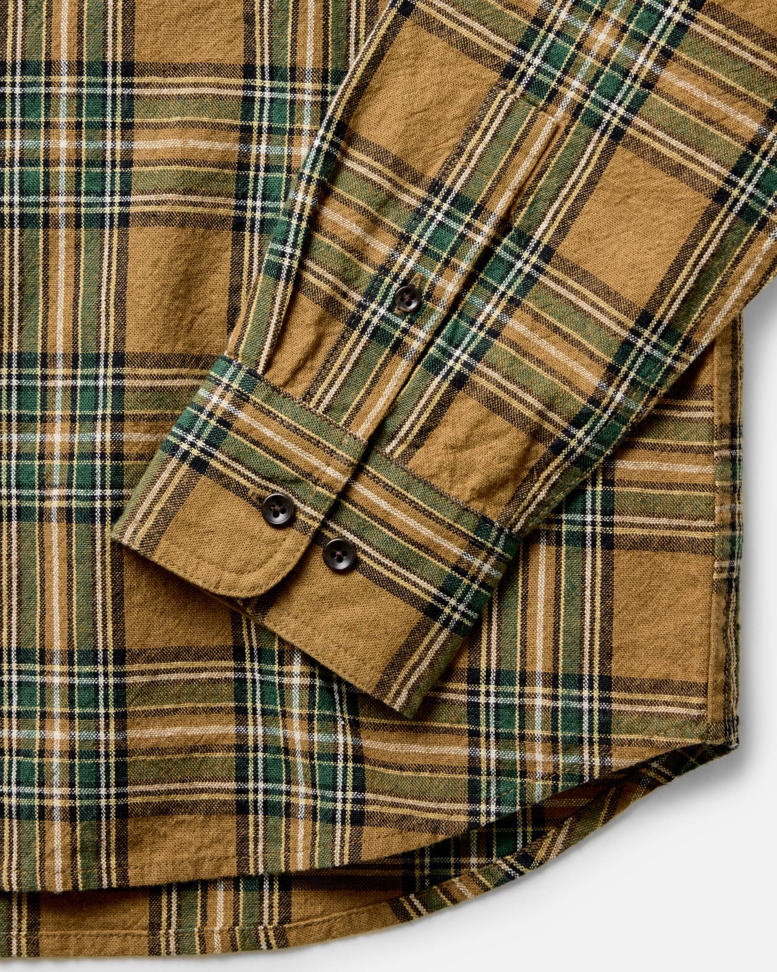material shot of the sleeves on The Craftsman Shirt in Fern Plaid, Wovens by Taylor Stitch