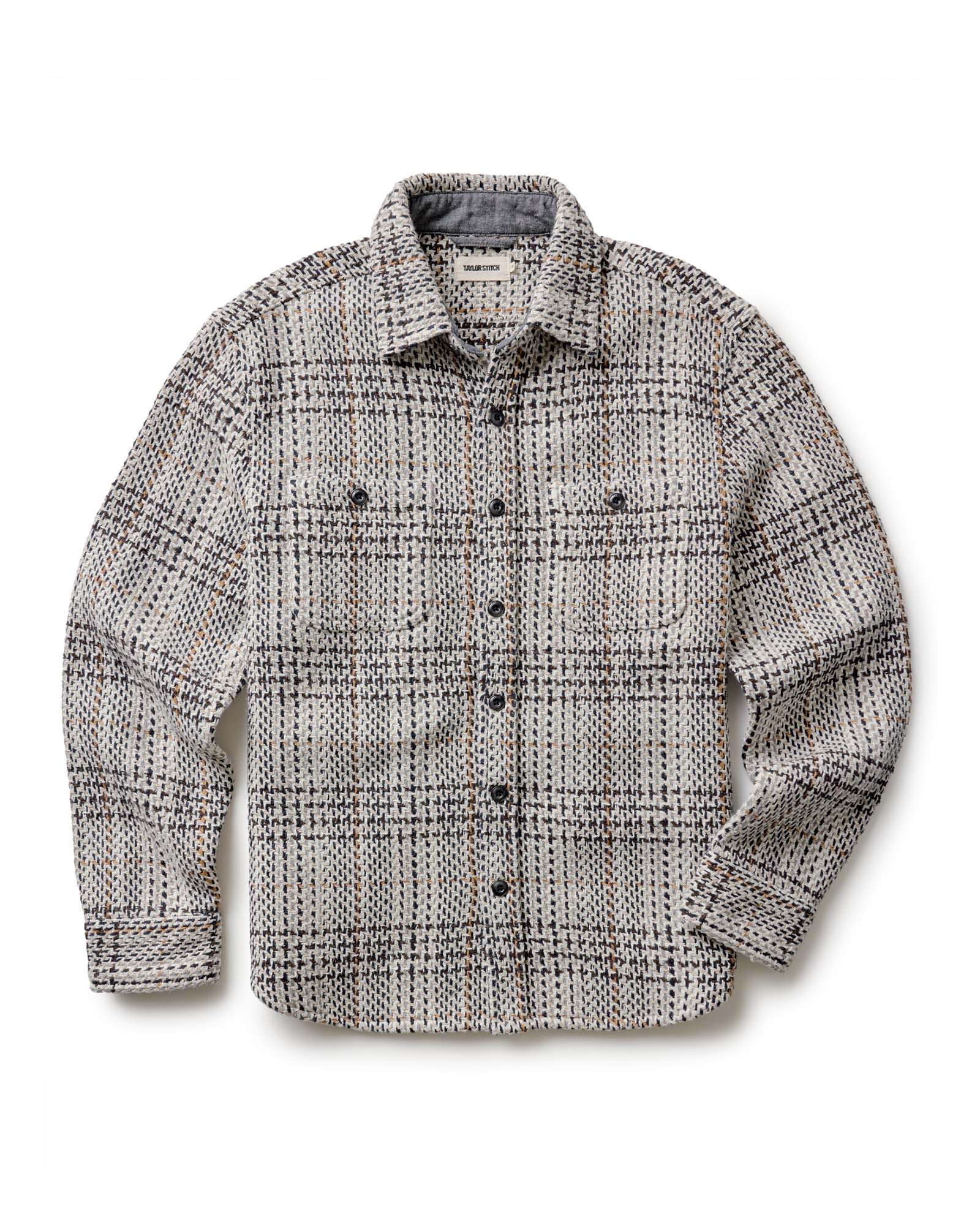 flatlay of The Cutter Overshirt in Stone Plaid, Wovens by Taylor Stitch