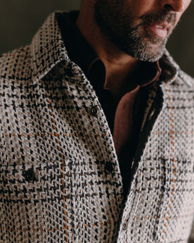 fit model showing off the collar on The Cutter Overshirt in Stone Plaid, Wovens by Taylor Stitch