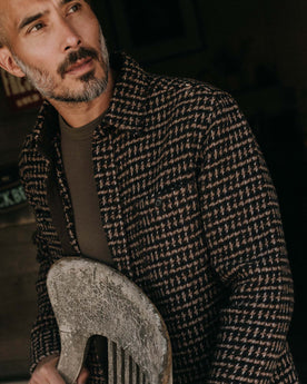 fit model showing off the sleeves on The Cutter Overshirt in Timber Plaid, Wovens by Taylor Stitch