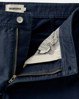 material shot of the zipper on The Deck Pant in Dark Navy Bedford Cord, Bottoms by Taylor Stitch